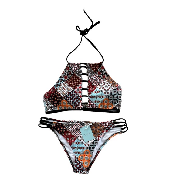 Cupshe Swim Cupshe Multi Colored Patchwork Halter Bikini Set Size